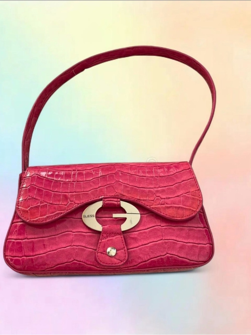 GUESS Pink Croc-Effect Shoulder Bag with Gold-Tone Turn Lock